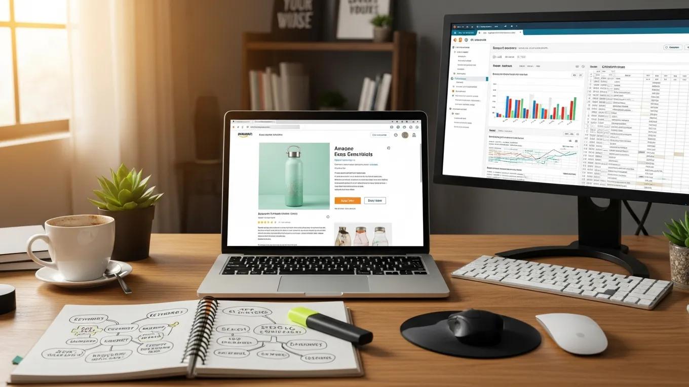 Amazon seller workspace with laptop and keyword research tools