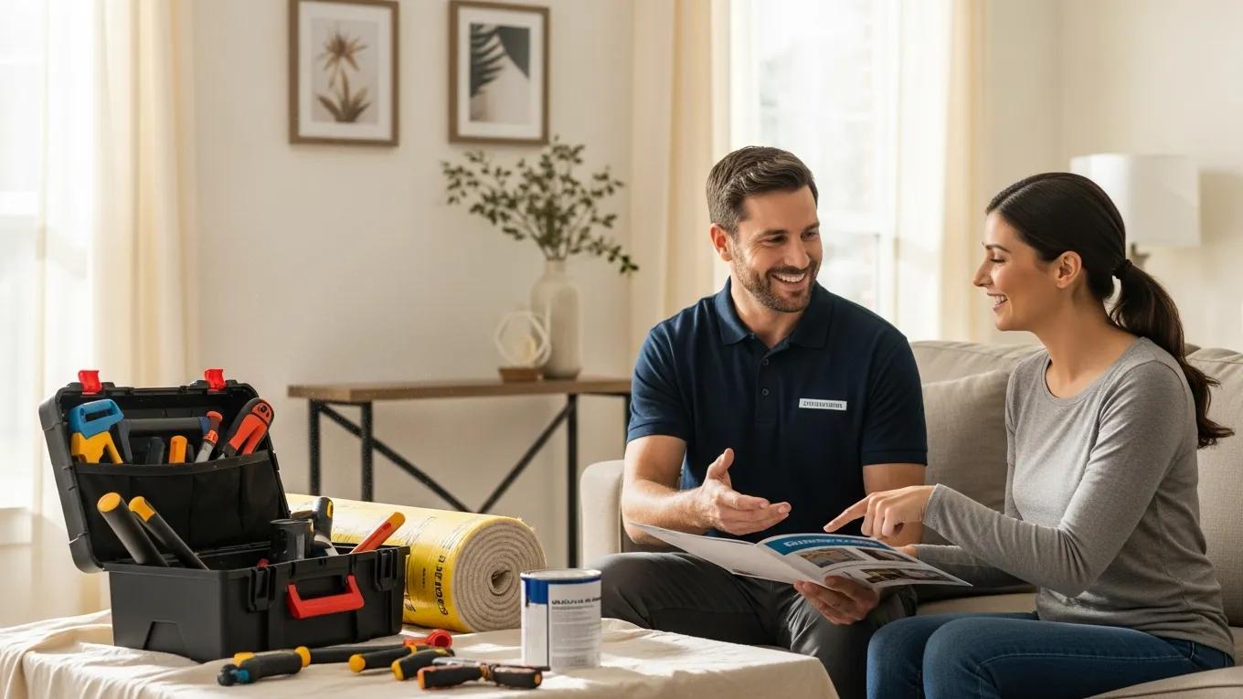 Contractor discussing home services with a homeowner in a bright, inviting setting