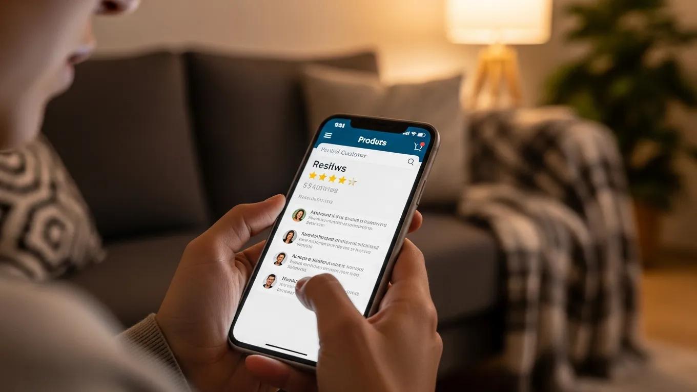 Customer reviewing product on mobile device with positive ratings
