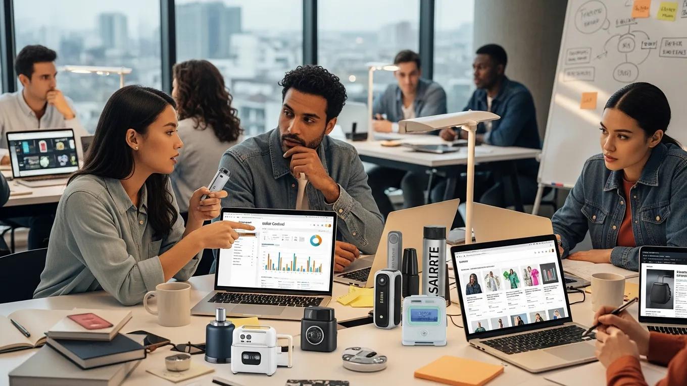 Diverse Amazon sellers collaborating in a modern workspace, emphasizing teamwork in e-commerce