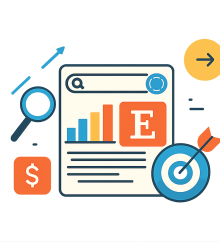 Etsy marketing infographic featuring search bar, growth chart, and target symbol, illustrating SEO strategies for increasing shop visibility and sales.