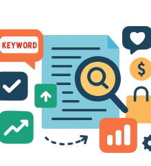 Keyword research document with magnifying glass, SEO icons including graphs, shopping bag, and heart, representing Etsy marketing strategies and SEO keyword packs.