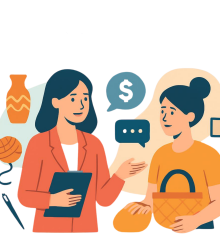 Two women engaging in conversation about Etsy sales, with one holding a clipboard and the other a woven bag, surrounded by icons representing marketing and sales, emphasizing Etsy seller support and business growth.