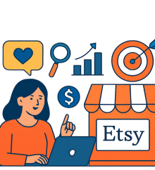 Woman using a laptop with Etsy storefront, icons of love, search, growth chart, and target representing Etsy marketing strategies and customer engagement.