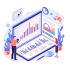 Illustration of two individuals analyzing data on a laptop screen displaying upward trends and market research graphs, relevant to Etsy marketing strategies and competitor analysis.