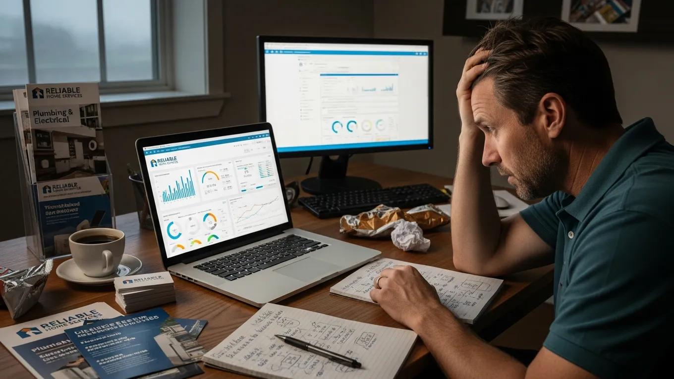 Frustrated home service business owner analyzing digital marketing metrics