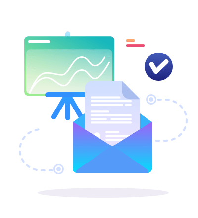 Email marketing concept with an envelope, document, and analytics chart, representing digital marketing solutions and client engagement strategies.