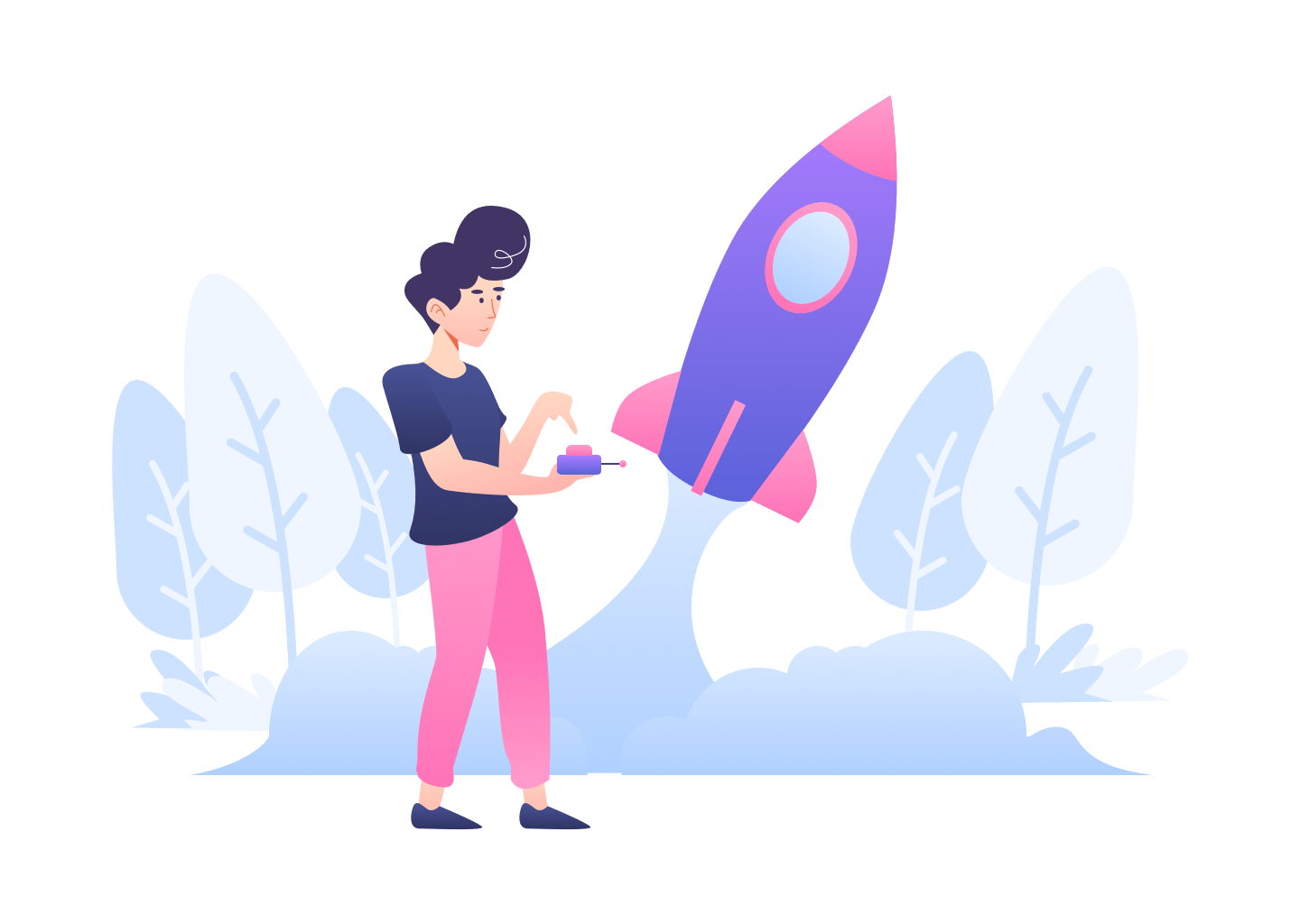 Person launching a rocket in a stylized landscape, symbolizing startup growth and digital marketing success for businesses.