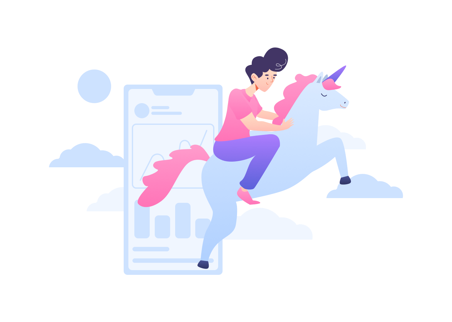 Person riding a unicorn in the clouds, with a smartphone displaying analytics graphs, symbolizing digital marketing success and creativity.