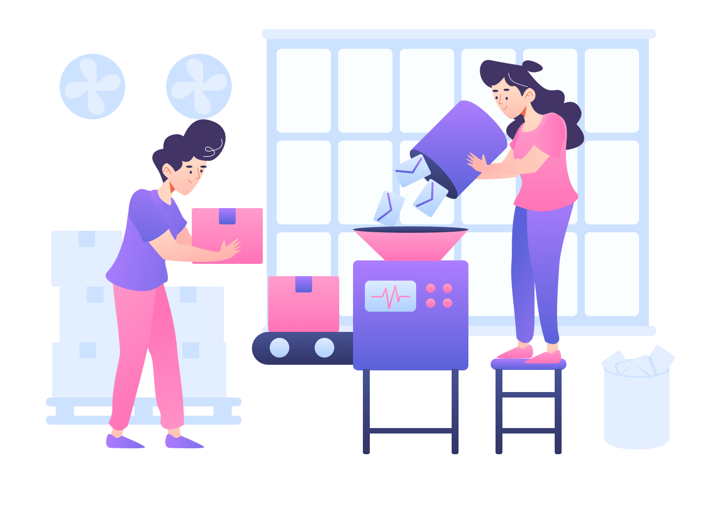 Two women working in a bright room, one lifting a pink box and the other pouring contents into a machine, symbolizing digital marketing and product management.