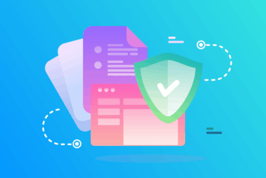 Digital marketing graphic featuring documents and a shield symbolizing data protection, relevant to Sellvisory's focus on enhancing online client acquisition and security strategies.