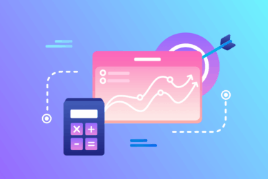 Digital marketing analytics graphic featuring a calculator and a chart with an upward trend, symbolizing effective strategies for increasing consumer loyalty and online customer acquisition.