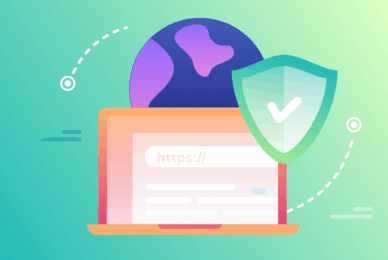 Laptop with a shield symbolizing online security and a globe, representing digital marketing and consumer engagement.