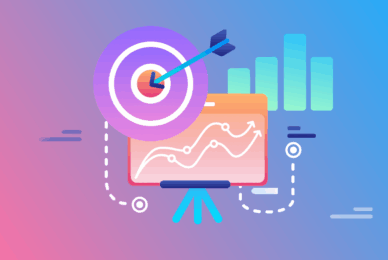 Digital marketing strategy illustration featuring a target with an arrow, a graph showing upward trends, and a chart on a stand, symbolizing data-driven marketing success.