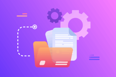 Digital marketing graphic featuring folders and documents with gears, representing SEO audit and marketing strategy services.