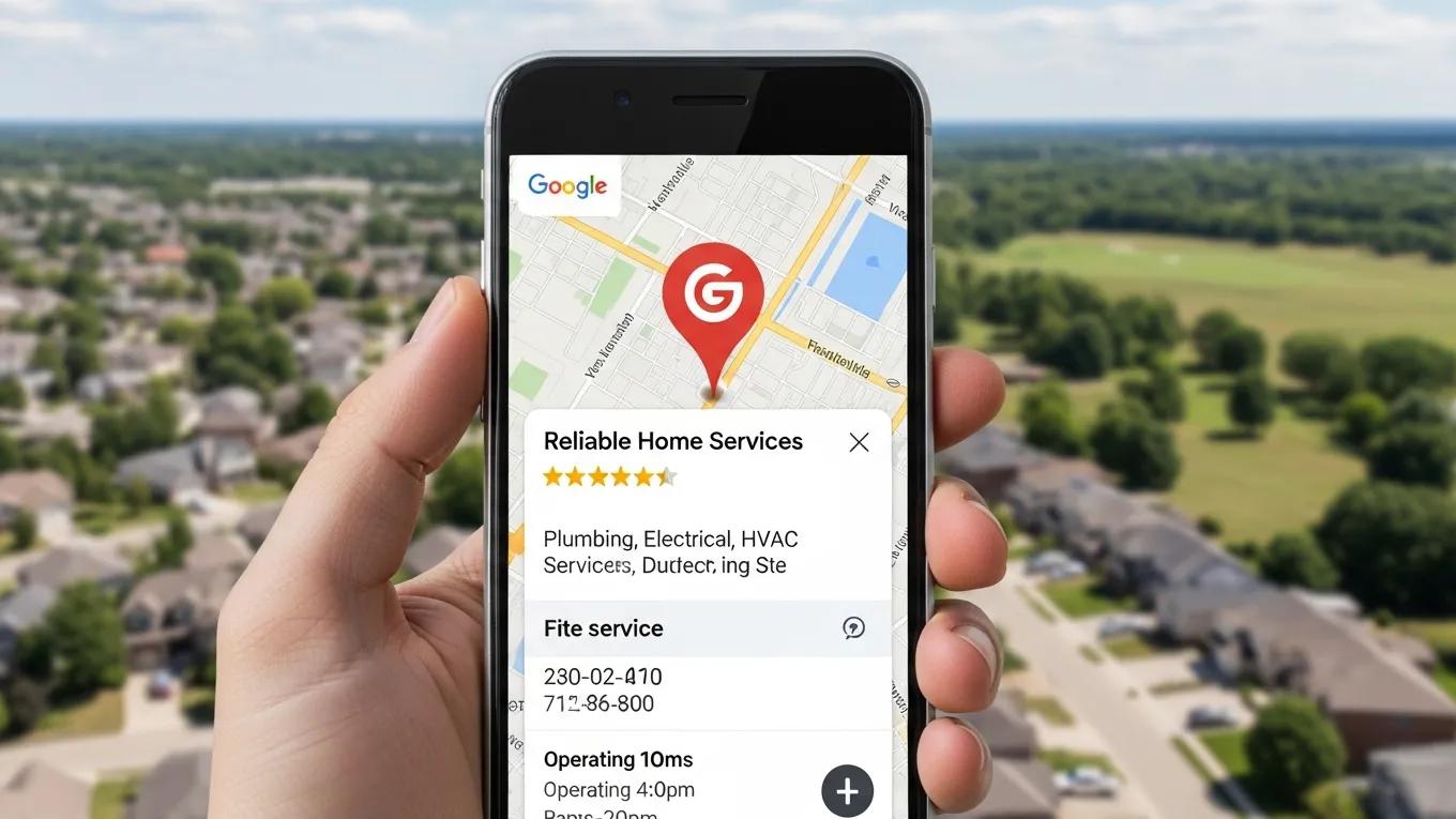 Smartphone showing Google Maps with a highlighted business listing for home services